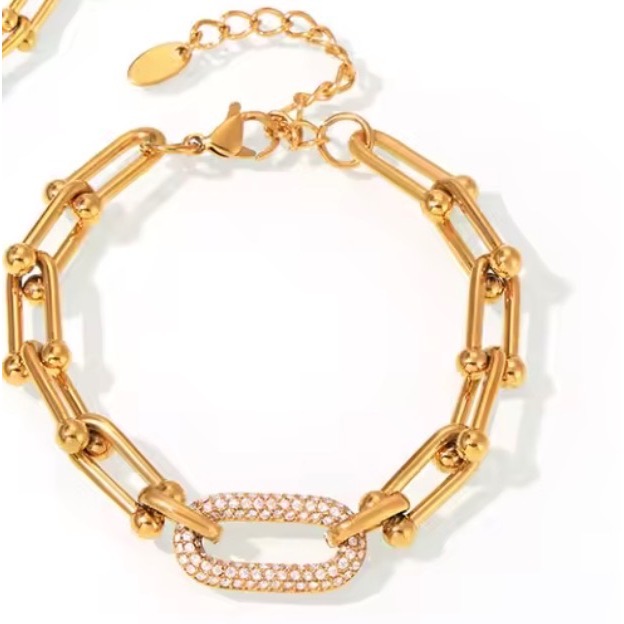 Gold Stainless Steel Pave Zircon Chain Link Bracelet Adjustable Lobster Clasp